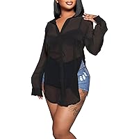EDITCOZY Women's Sheer Cover Ups Button Up Blouse Sexy Long Sleeve